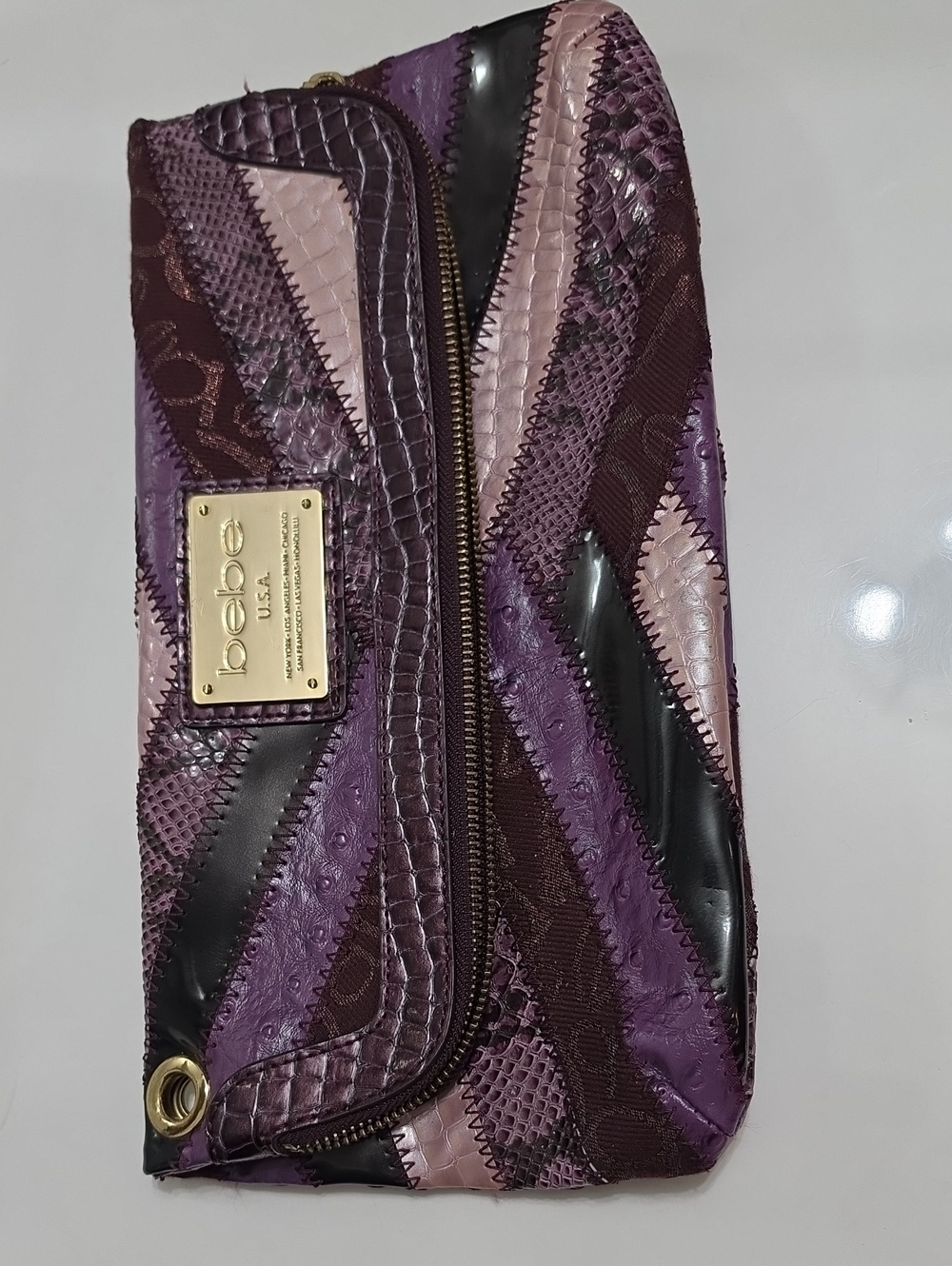 bebe Purple Patchwork Zip Wristlet Clutch